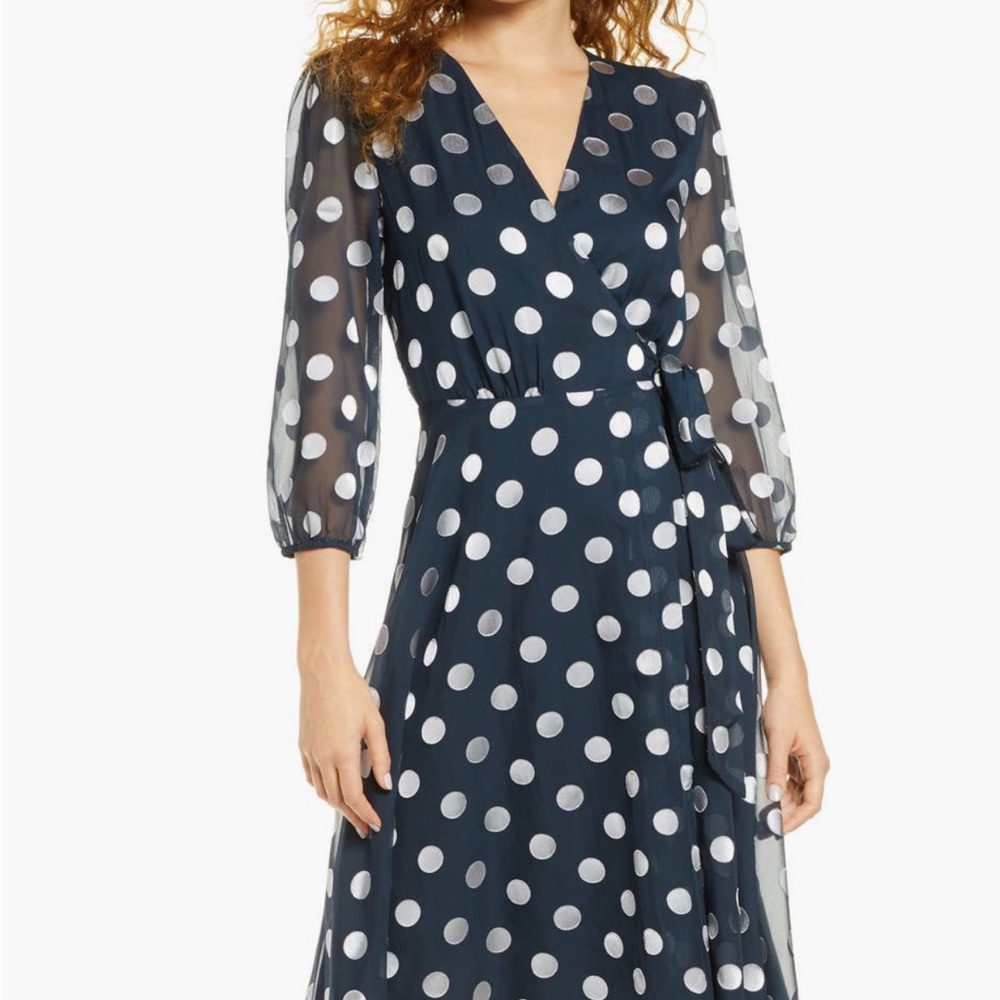 Charles Henry Navy Polka Dot Midi Dress NWT